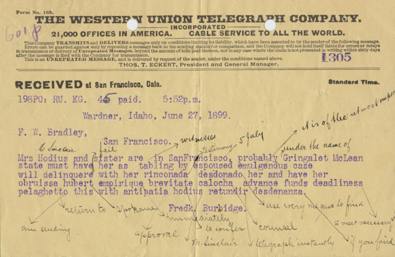 Telegram written in code, possibly about a witness in a trial.