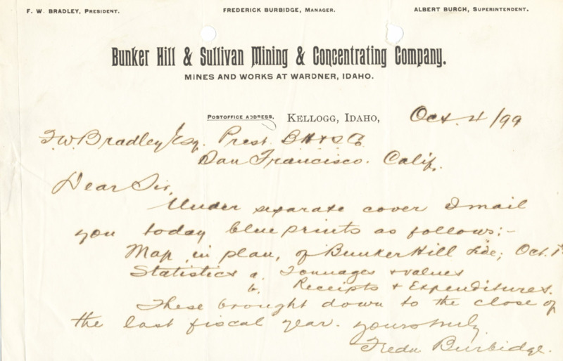 Burbidge informs Bradley of items he is sending in the mail; handwritten.