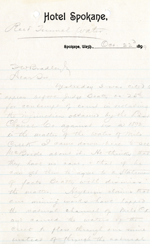 Burbidge discusses the court case involving the Reed Tunnel water; handwritten, 2 pages.
