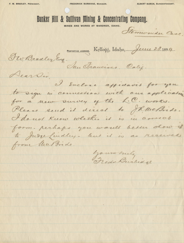 Burbidge requests Bradley to authenticate and sign enclosed form; handwritten.
