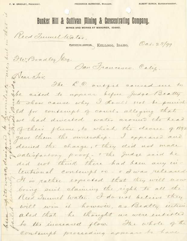 Burbidge informs Bradley of his appearance in court regarding the Reed Tunnel Water case; handwritten.