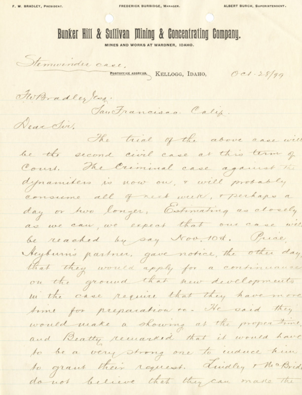 Burbidge discusses the progress of the Stemwinder Case; 3 pages, handwritten.
