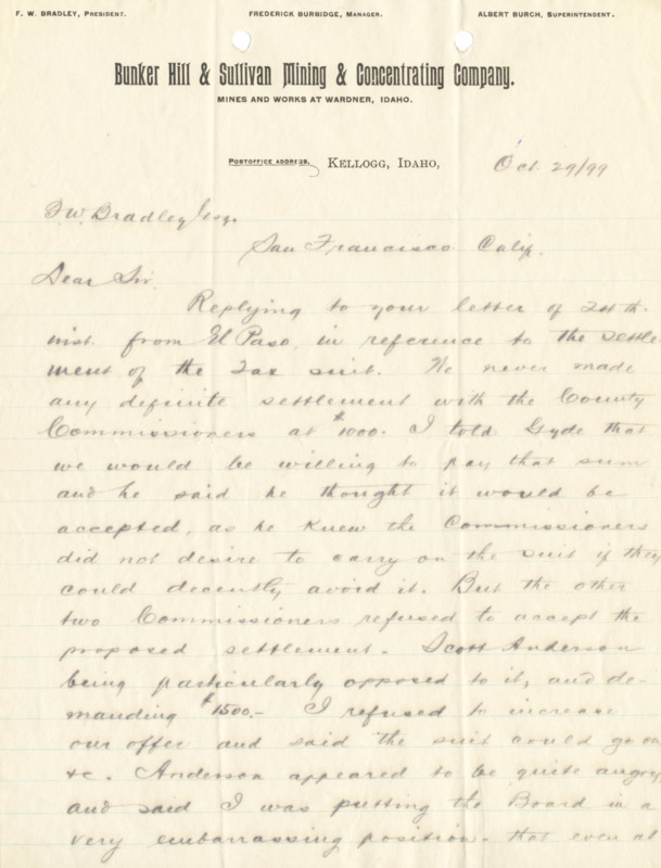 Burbidge informs Bradley of the settlement of the Tax Suit; 2 pages, handwritten.