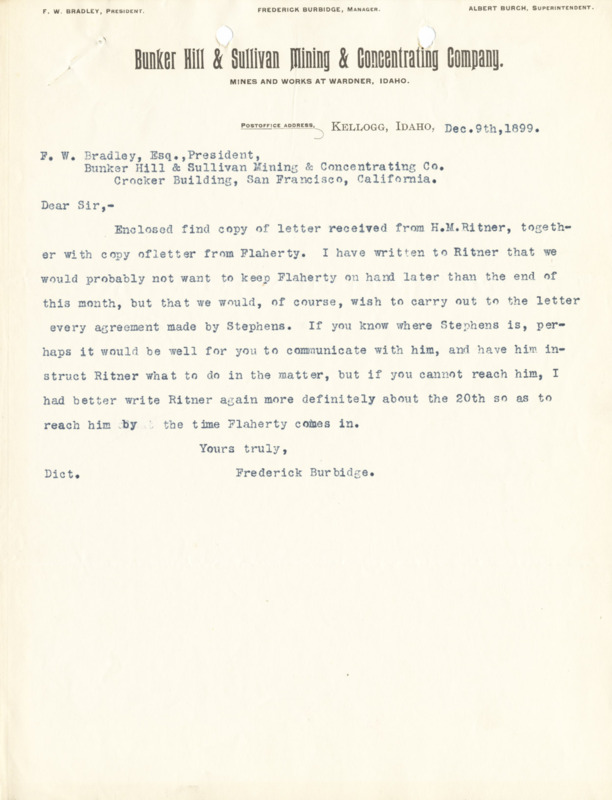 Burbidge informs to Bradley of correspondence with a H.M. Ritner and a Mr. Stephens regarding the employment of one Flaherty.