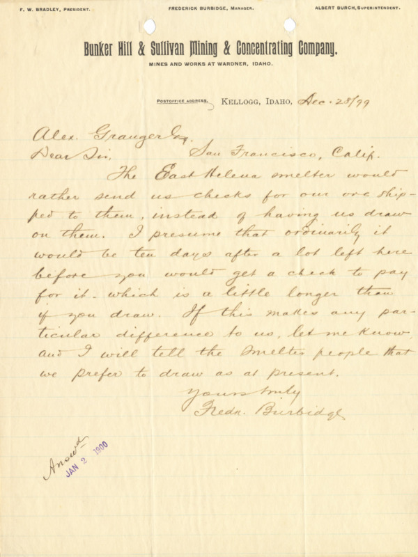 Burbidge informs Granger of a possible change in the method of payment from the East Helena Smelter; handwritten.