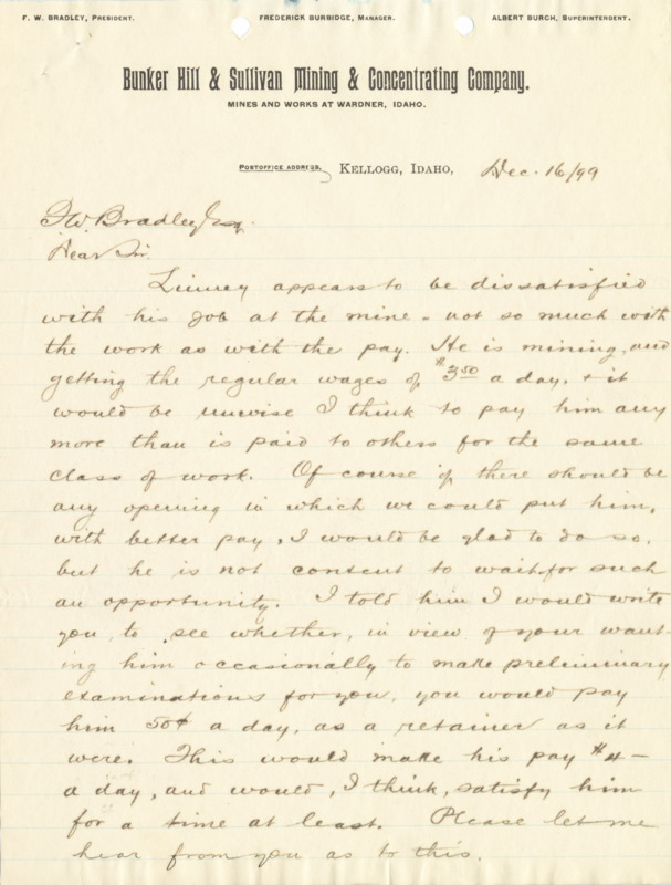 Burbidge informs Bradley of the dissatisfaction of a Mr. Linney regarding his pay as a miner and of an agreement Linney made about a bond; 2 pages, handwritten.