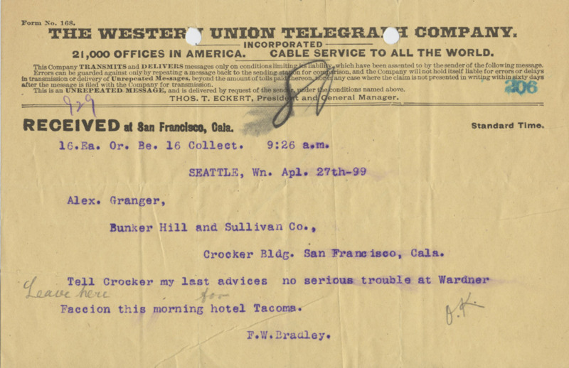 Telegram written in code regarding possible labor troubles and travel.