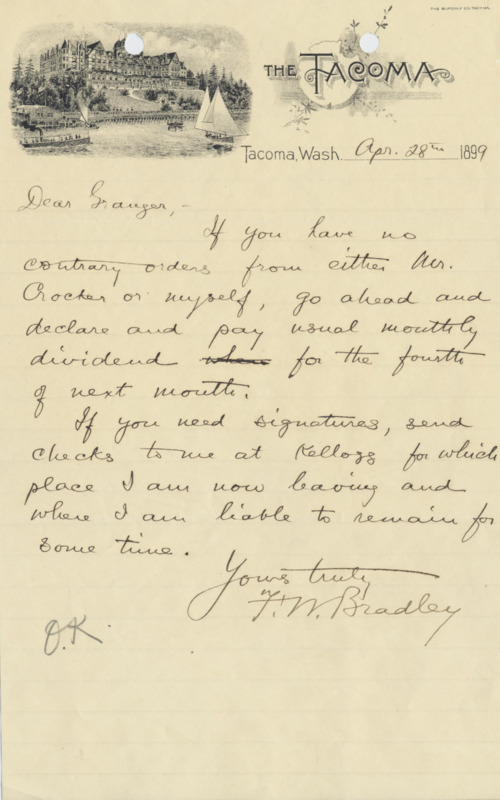 Bradley informs Granger on payment of dividend; handwritten.