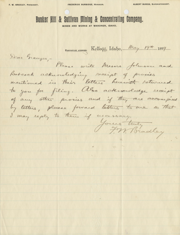 Bradley requests that Granger acknowledge receipt of proxies; handwritten.