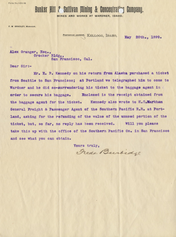 Burbidge requests Granger to inquire into a refund for travel for Mr. E.P. Kennedy.