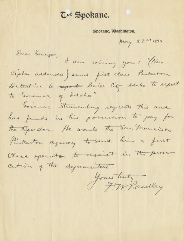Bradley informs Granger that the Governor requests a Pinkerton Detective; handwritten, refers to telegram.