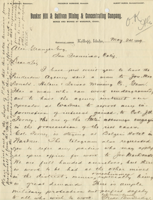 Burbidge explains telegram MG 367-84-059 requesting a Pinkerton detective, and that there is work available; handwritten.