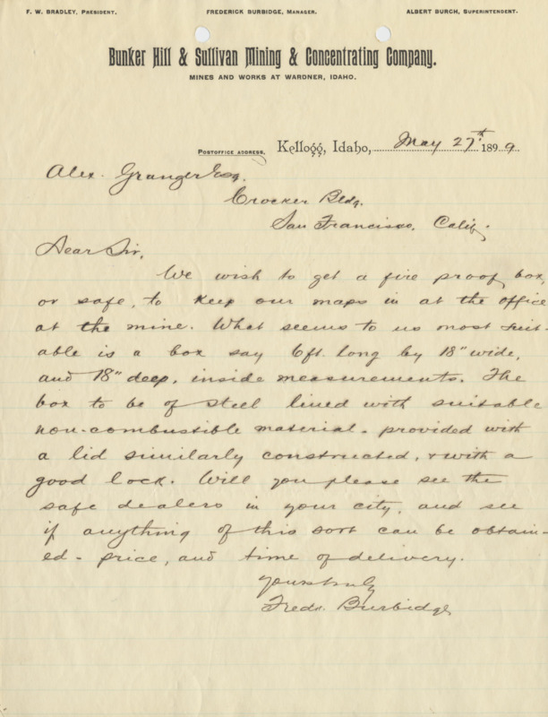 Burbidge requests Granger to purchase a safe; handwritten.
