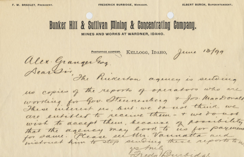 Burbidge requests that Granger contact the Pinkerton Agency about reports; handwritten.