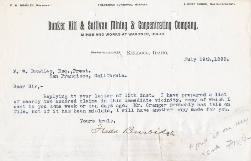 Burbidge replies to an earlier letter regarding the location of mining claims.