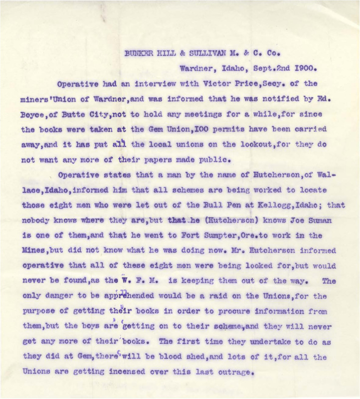 Operative discusses a meeting with Victor Price about not holding any union meetings for a while; was also informed by a Mr. Hutcherson on locating the Union men who escaped from the Bull Pen at Kellogg, ID.