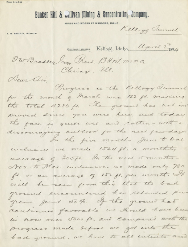 Burbidge informs Bradley of progress made in digging Kellogg Tunnell; handwritten, 2 pages.