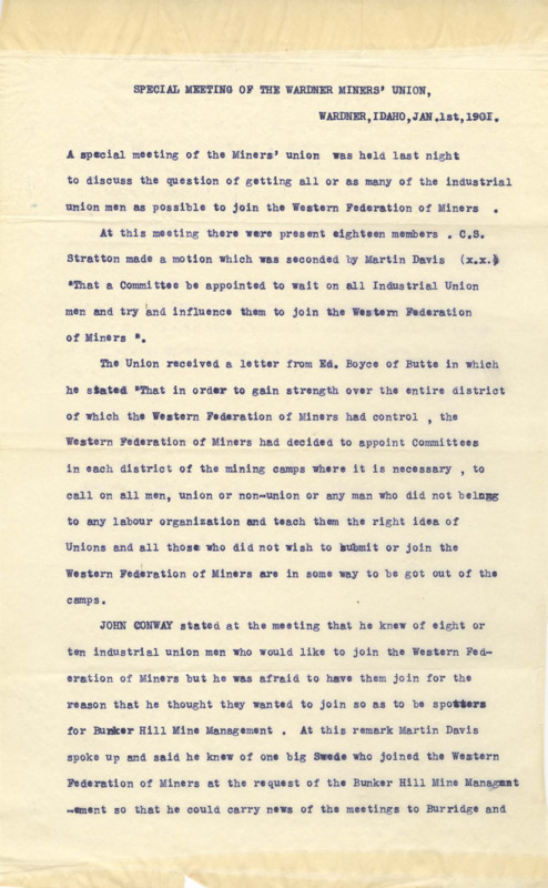 Operative reports on a special miners union meeting in which the idea of all the industrial union men should also join the Western Federation of Miners; two pages.