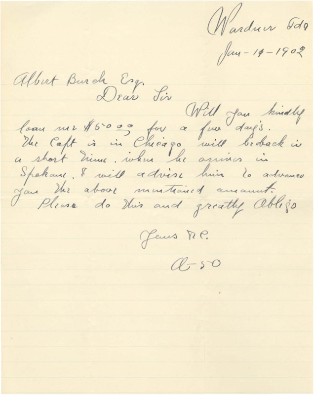 The author is requesting a loan of $50; handwritten.