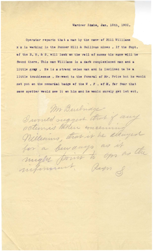 Operative informs on a miner named Bill Williams as being a union member; handwritten note at bottom.