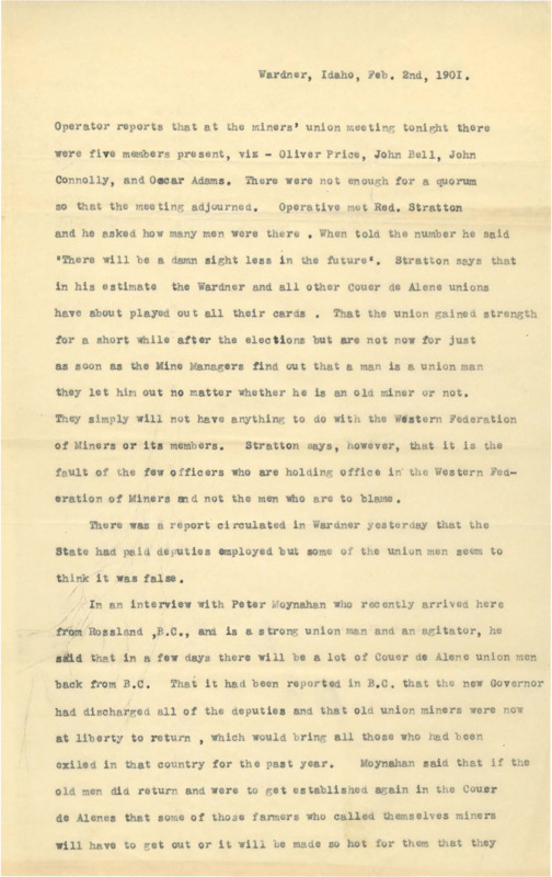 Operative mentions the recent union meeting adjourned early due to lack of people present, discusses a conversation with Red Stratton, speculates on the employment of the deputies and when the old union members who fled the country would return; two pages.