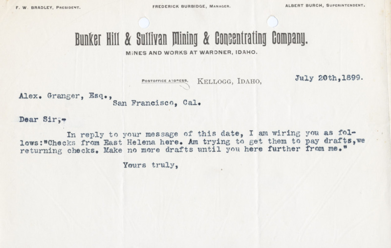Letter possibly from Burbidge reiterating last telegram about checks and payments.