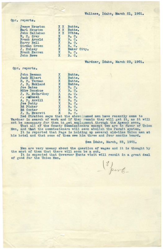 March 21: A list of 10 union members; March 23 (1): a list of 13 union members, speculation on the permit system of hiring; March 23 (2): a pay cut is expected; second page scanned appears to be a stray page, no date, in which operative mentions a possible scheme, union membership, a detective in town investigating a recent fight, and donations to legal cases.