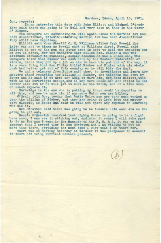 Operative reports on escalating threats and disputes between the mine managers and union members after the murders of Jack Powell and George Fisher.