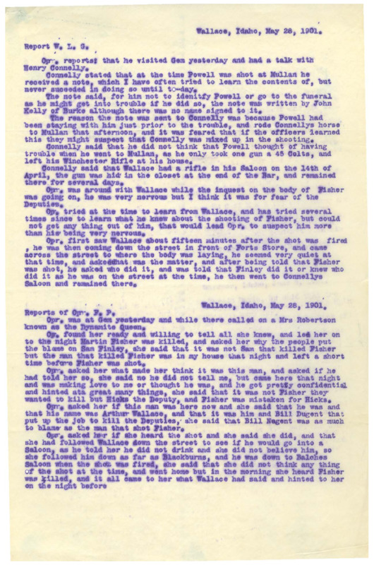 May 28 (1): Operative discusses a conversation with Henry Connelly about the murder of a Mr. Powell, the actions of a Mr. Wallace during the time of the murder of Martin Fisher; May 28 (2): operative discusses a conversation with a Mrs. Robertson about the murder of Martin Fisher; two pages.