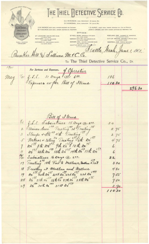 A detailed list of the expenses incurred by the operative, billed to Bunker Hill & Sullivan M. & C. Co.