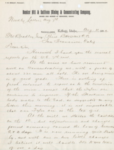 Weekly Letter:  reports recapping the weekly progress at the mine and mill; 2 pages, handwritten.