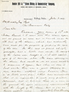 Burbidge replies to an earlier letter of Bradley's regarding a mining claim; handwritten.