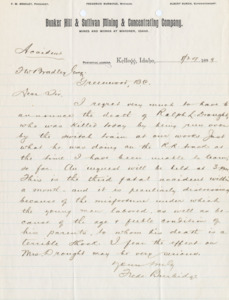 Burbidge informs Bradley of an accident resulting in the death of Ralph L. Drought; handwritten.
