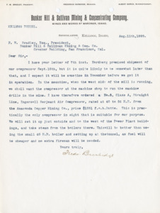 Burbidge informs Bradley of compressors to be used in the Kellogg Tunnel.