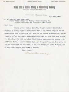 Burbidge informs Bradley of possible mining engineers suggested by a Mr. Rueger to call on in a lawsuit.