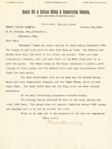 Weekly Letter:  reports recapping the weekly progress at the mine and mill.