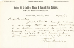 Burbidge informs Bradley that it turns out they had not yet located a Mr. Carlin; handwritten.