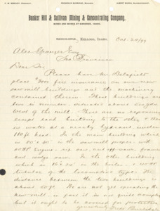 Burbidge requests fire insurance coverage on their new sawmill buildings; handwritten.