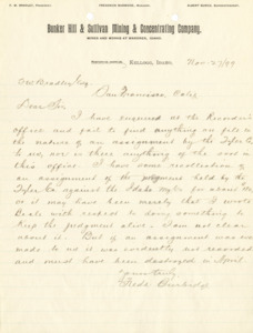 Burbidge informs Bradley of the lack of documentation regarding an assignment of judgement held by the Tyler Co.; handwritten.