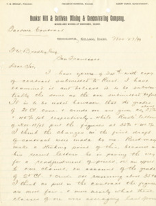 Burbidge informs Bradley on possible changes in prices and ore sent according to the Tacoma Contract; 2 pages, handwritten.