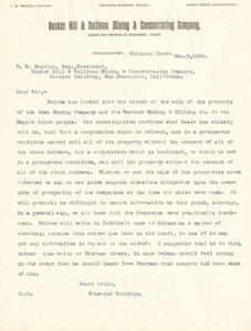 Burbidge discusses an inquiry by a Mr. Folsom into the legality of the sale of the Inez Mining Co. and the Wardner Mining & Milling Co.