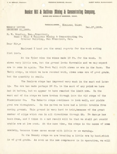 Weekly Letter:  reports recapping the weekly progress at the mine and mill; 2 pages.