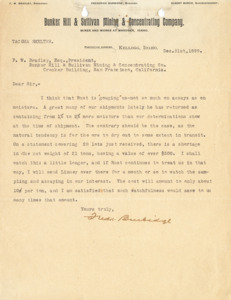 Burbidge informs Bradley of possible troubles with Mr. Rust and the Tacoma Smelter regarding the moisture content of the ore they have been shipping.