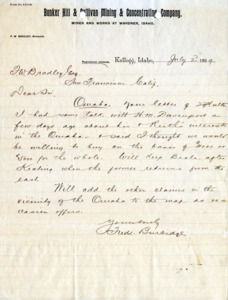 Burbidge updates Bradley of a potential new claim in Owaha; handwritten.