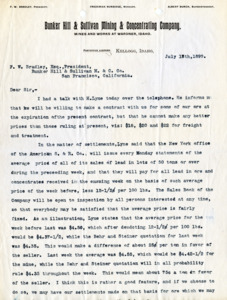 Burbidge discusses a contract, settlements over the sales of lead, and work at various smelters; 2 pages, handwritten note at end.
