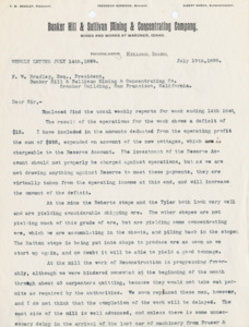 Weekly Letter:  reports recapping the weekly progress at the mine and mill; 2 pages.