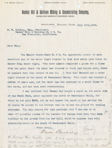 Burbidge discusses water rights and land owned by another company; handwritten reply by Bradley at end, 2 pages.