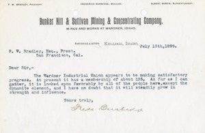 Burbidge informs Bradley on the Wardner Industrial Union.