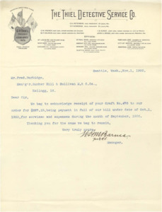 Mr. Barnes acknowledges payment received for the bill for operative services for the month of September, a detailed list of services and expenses incurred by operative during the month of September; two pages.