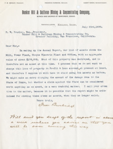 Burbidge discusses assets and losses listed on the Annual Report; handwritten note at end.